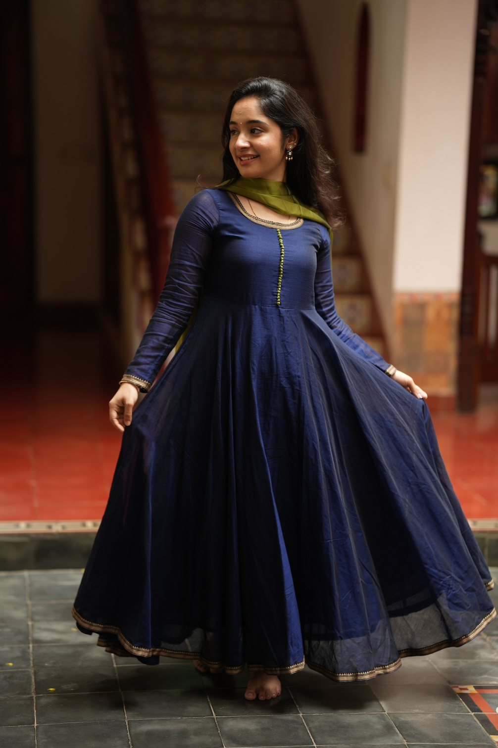 Bhama – Blue Narayanpet Anarkali with Olive Dupatta