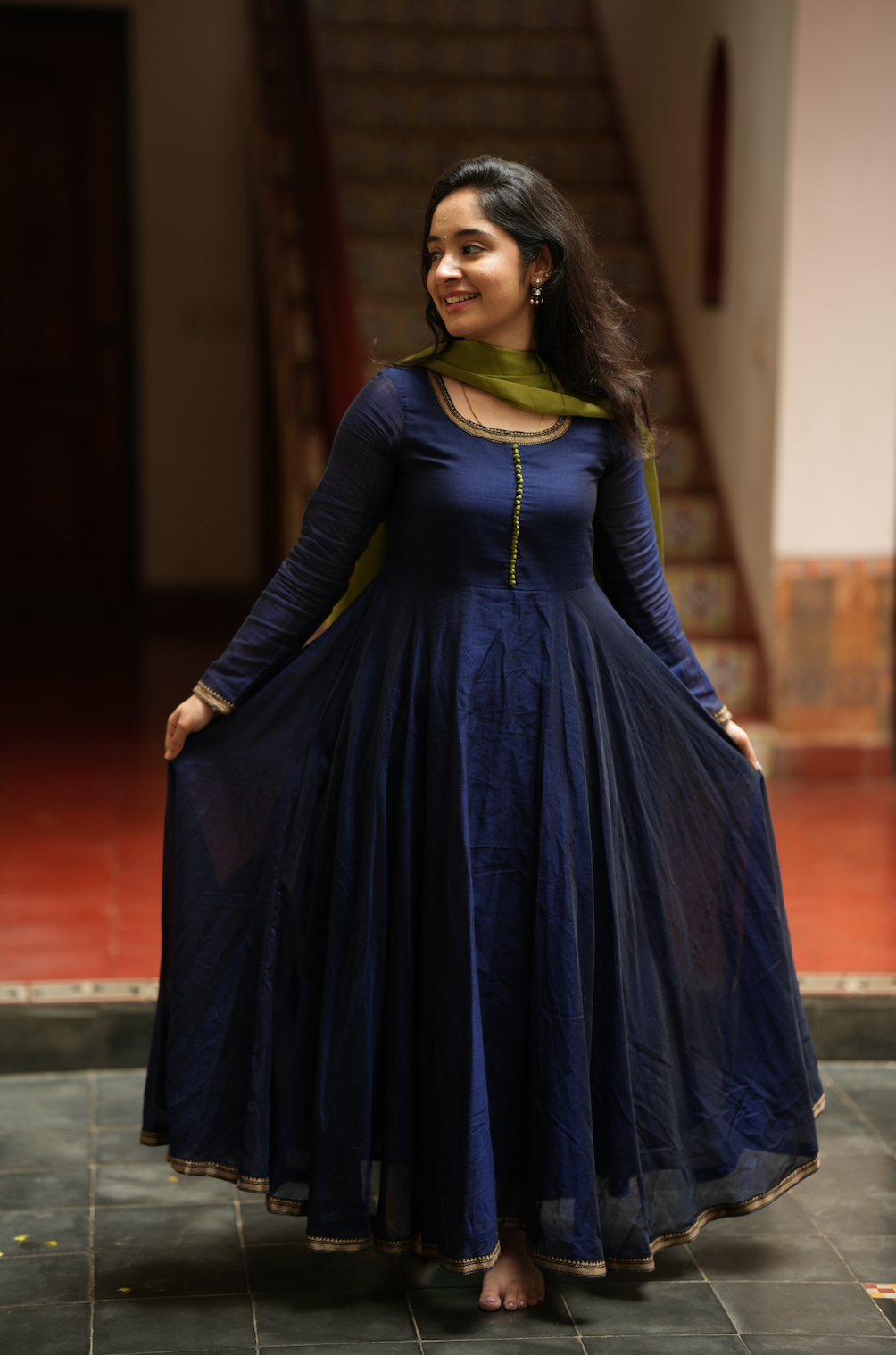 Bhama – Blue Narayanpet Anarkali with Olive Dupatta