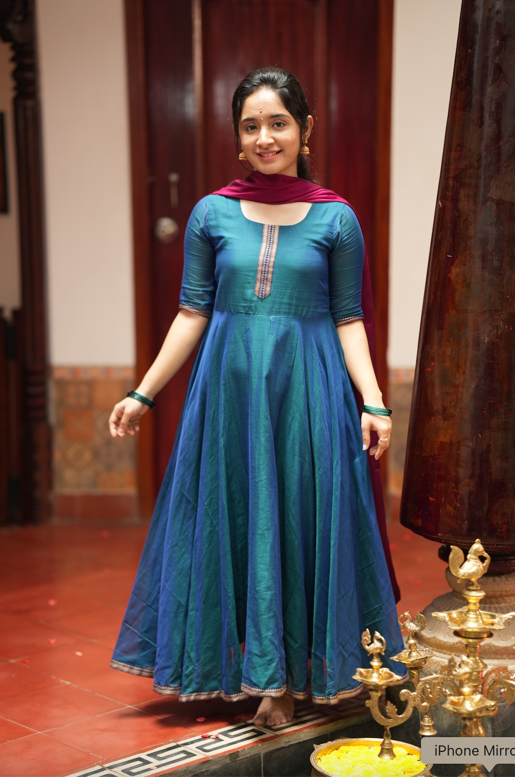 Bhama – Blue Narayanpet Anarkali with Pink Dupatta