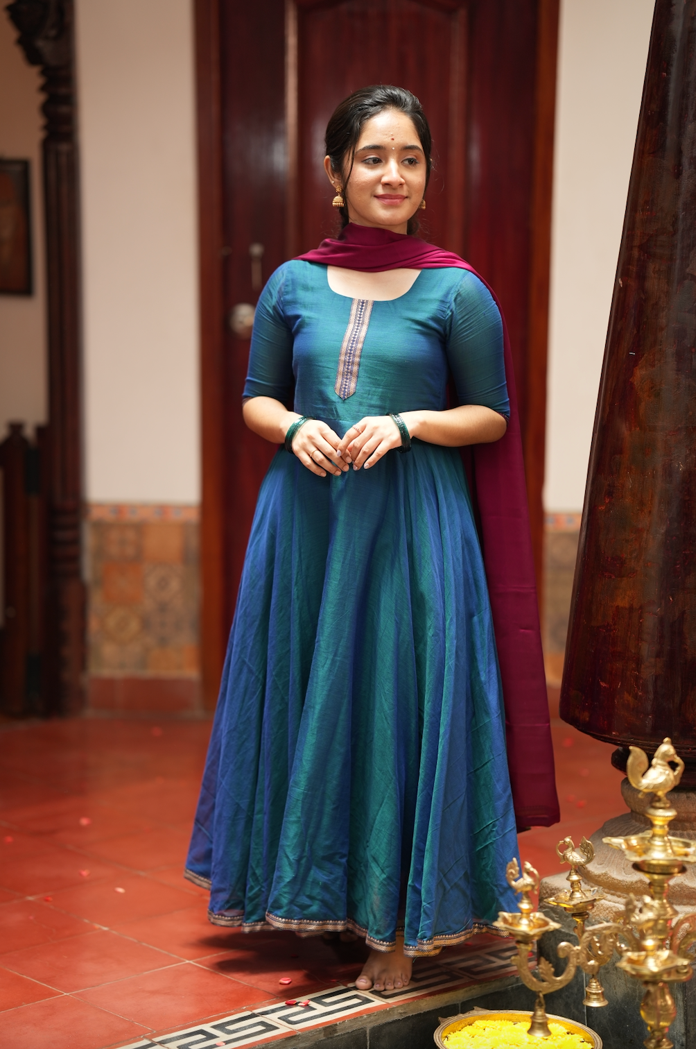 Bhama – Blue Narayanpet Anarkali with Pink Dupatta