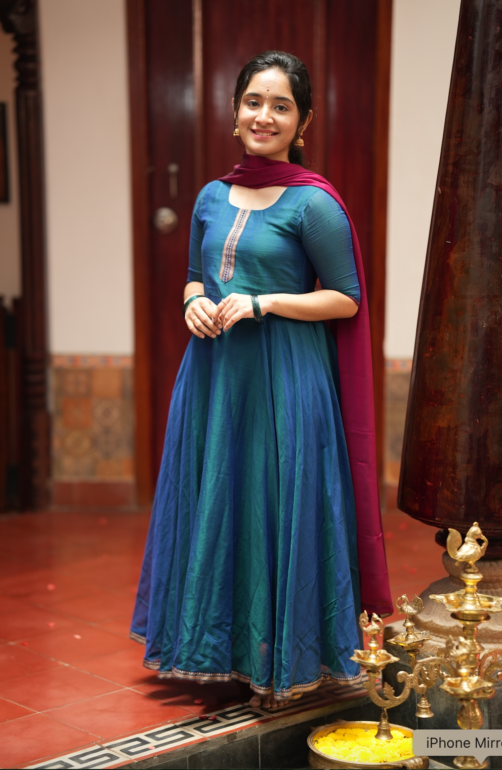 Bhama – Blue Narayanpet Anarkali with Pink Dupatta