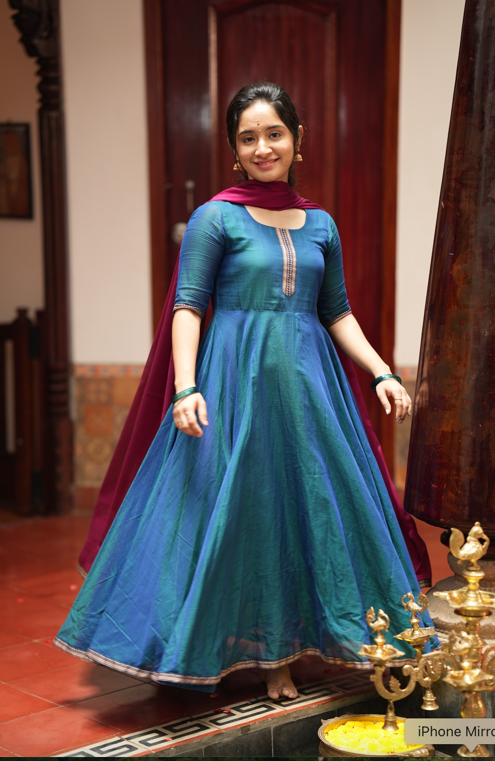 Bhama – Blue Narayanpet Anarkali with Pink Dupatta