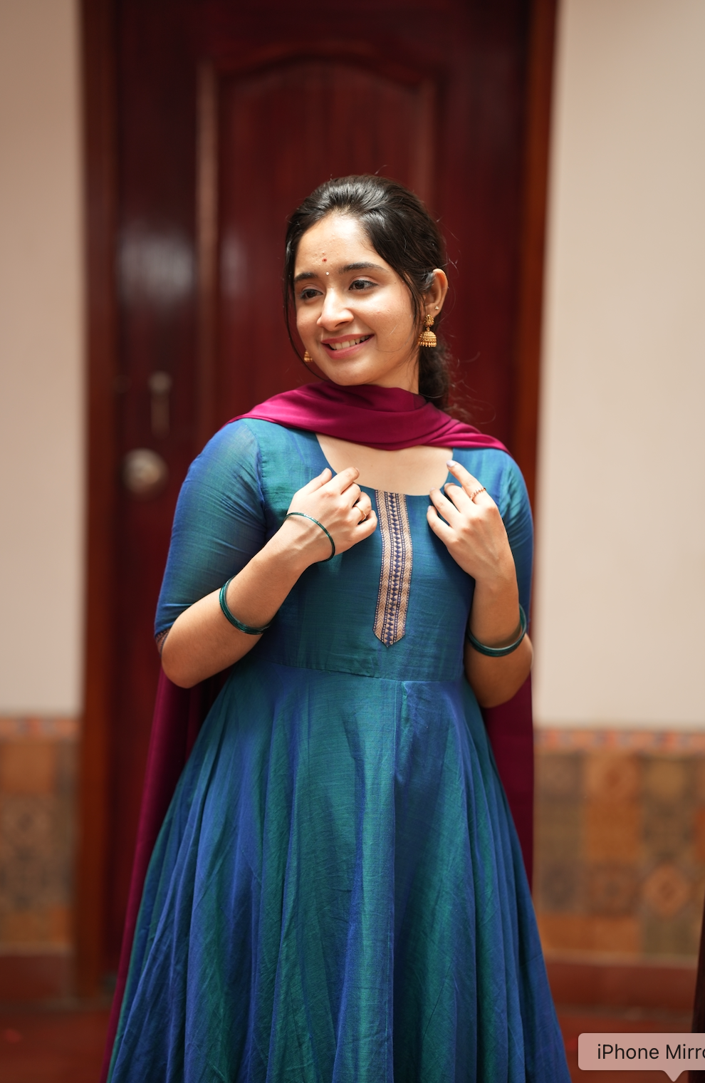 Bhama – Blue Narayanpet Anarkali with Pink Dupatta