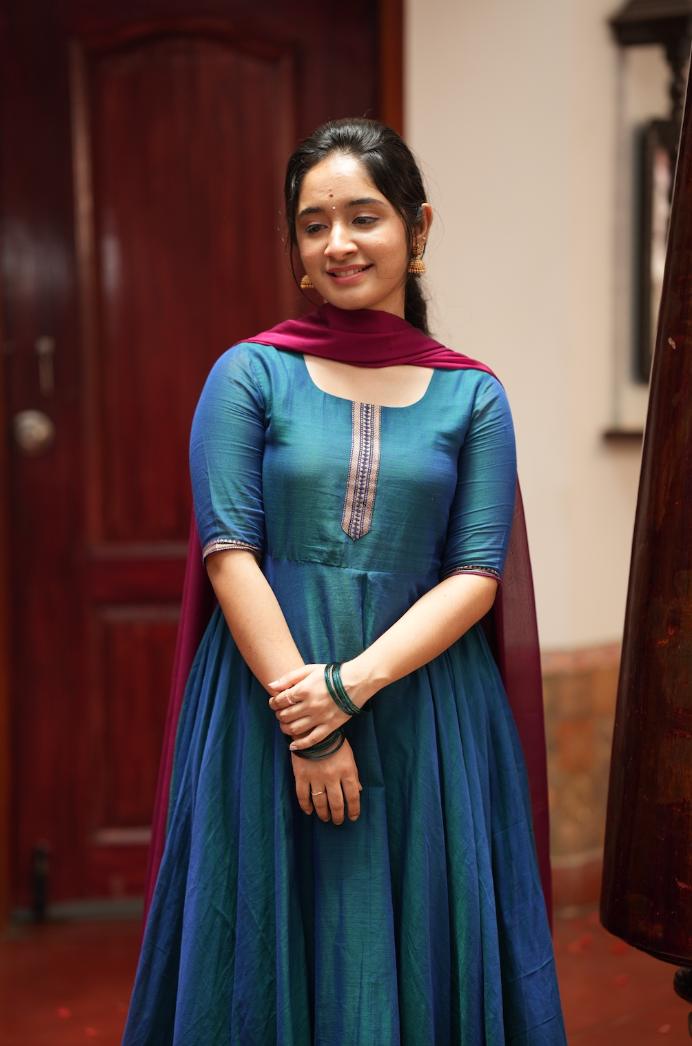 Bhama – Blue Narayanpet Anarkali with Pink Dupatta