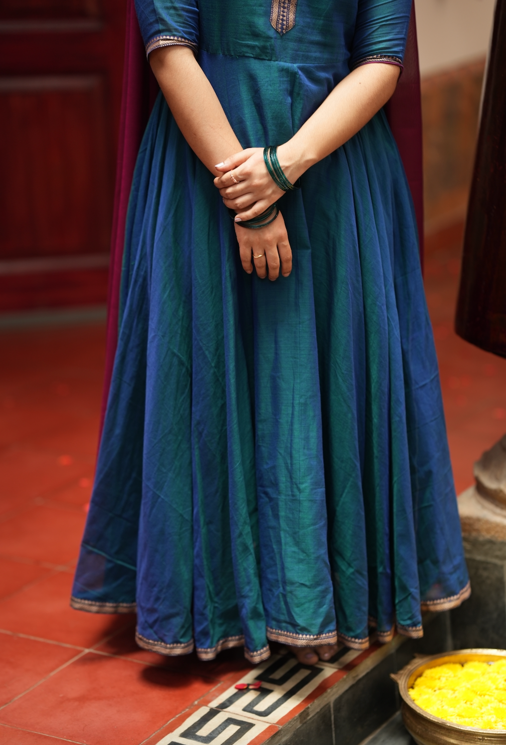 Bhama – Blue Narayanpet Anarkali with Pink Dupatta