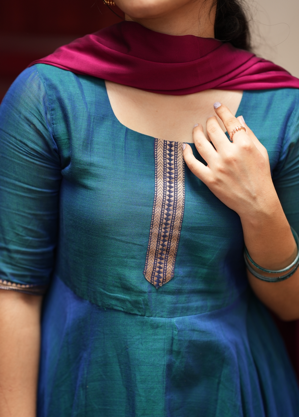 Bhama – Blue Narayanpet Anarkali with Pink Dupatta