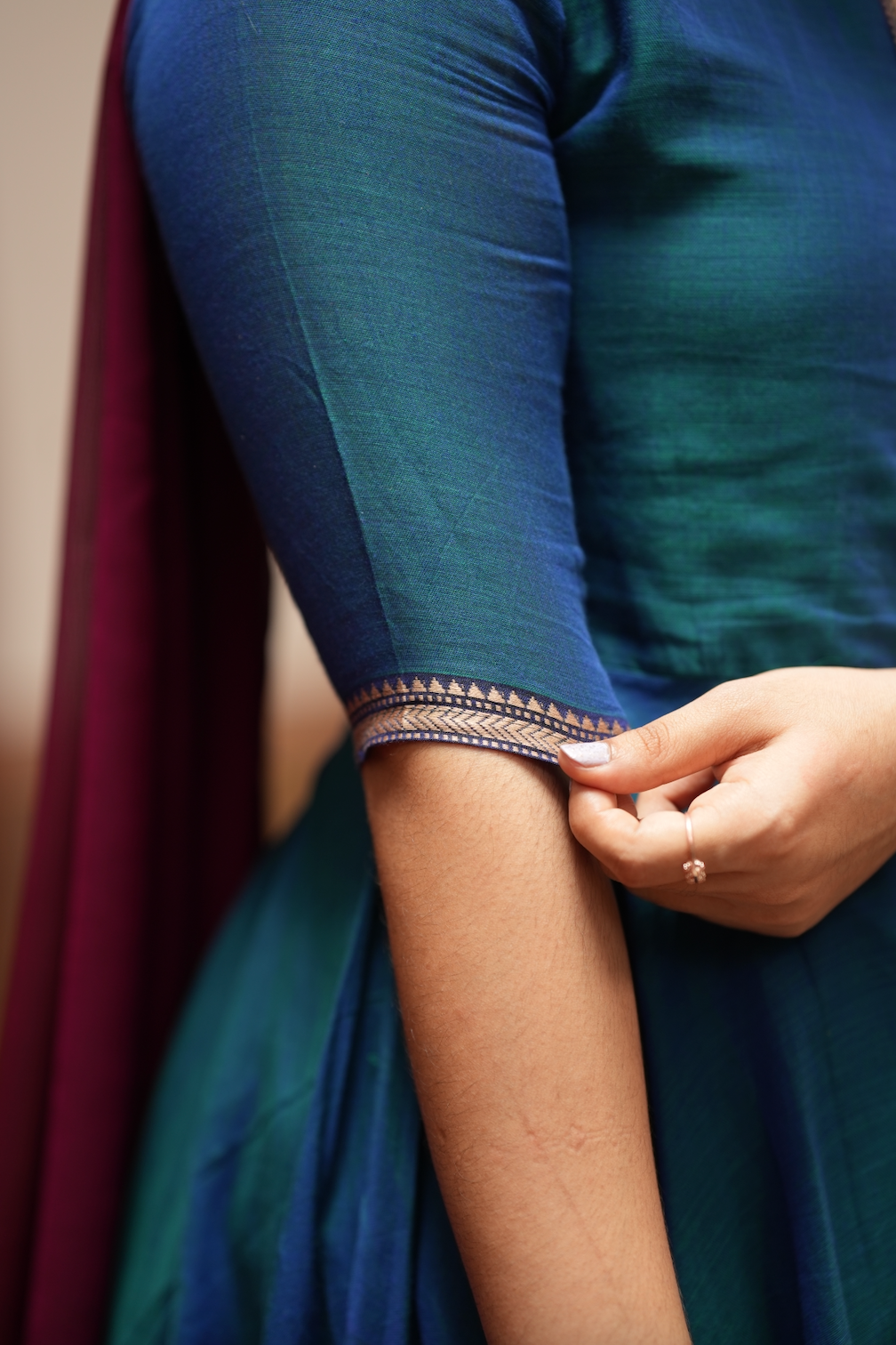 Bhama – Blue Narayanpet Anarkali with Pink Dupatta