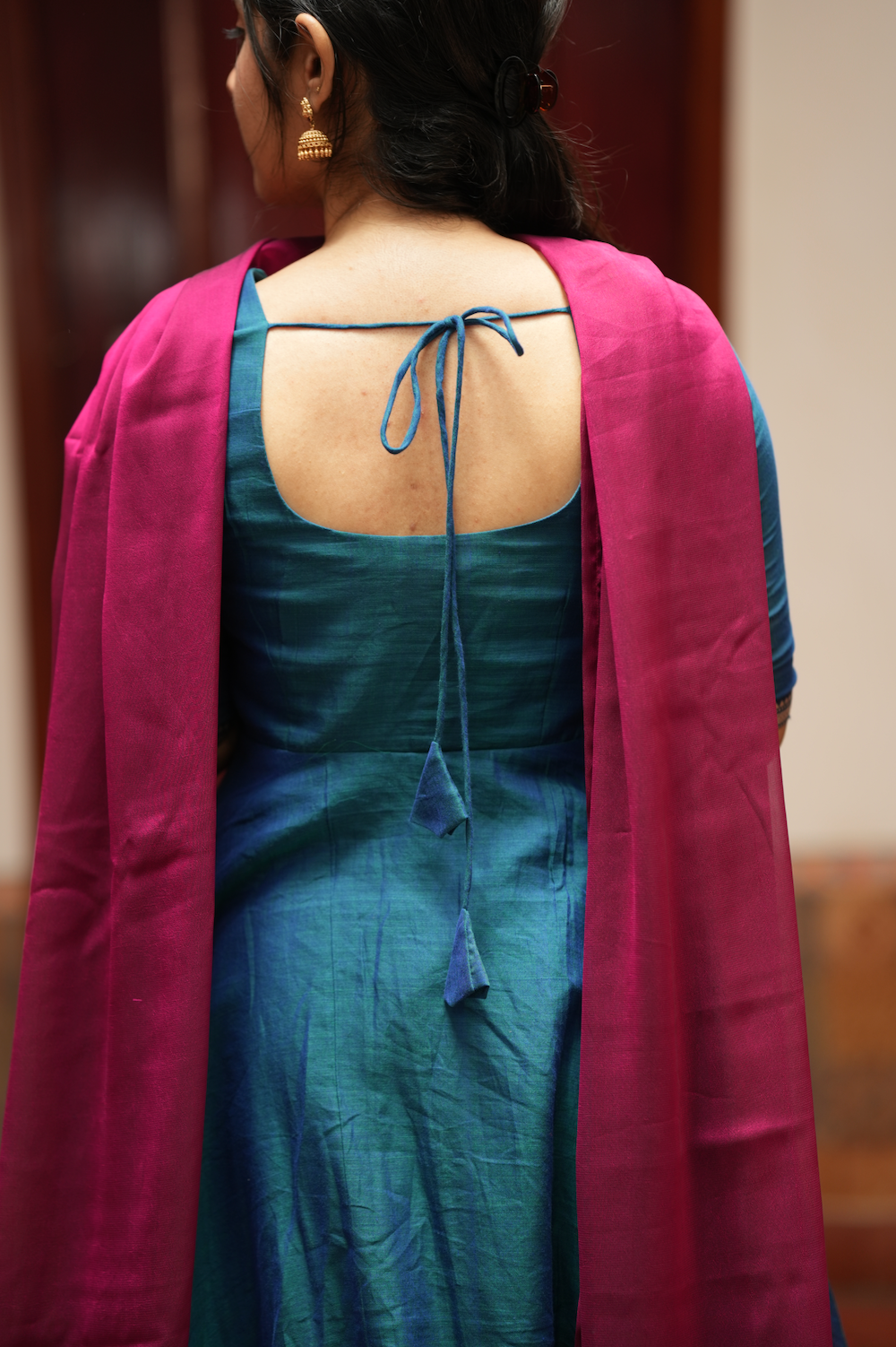 Bhama – Blue Narayanpet Anarkali with Pink Dupatta