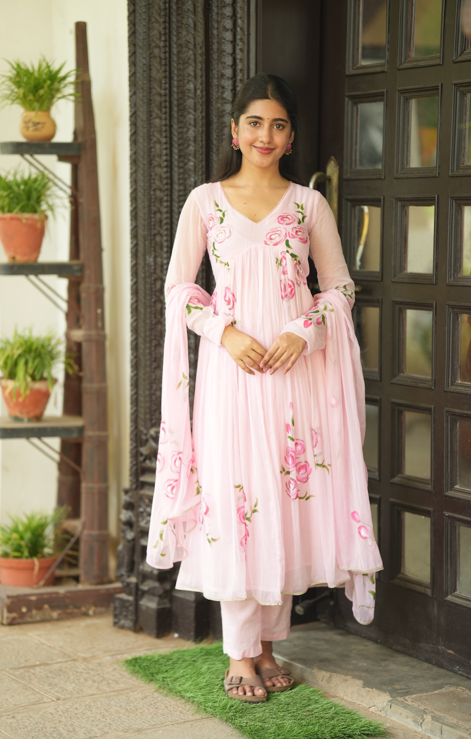 Tamara – Pink Hand-Painted Chiffon Alia-Cut Suit