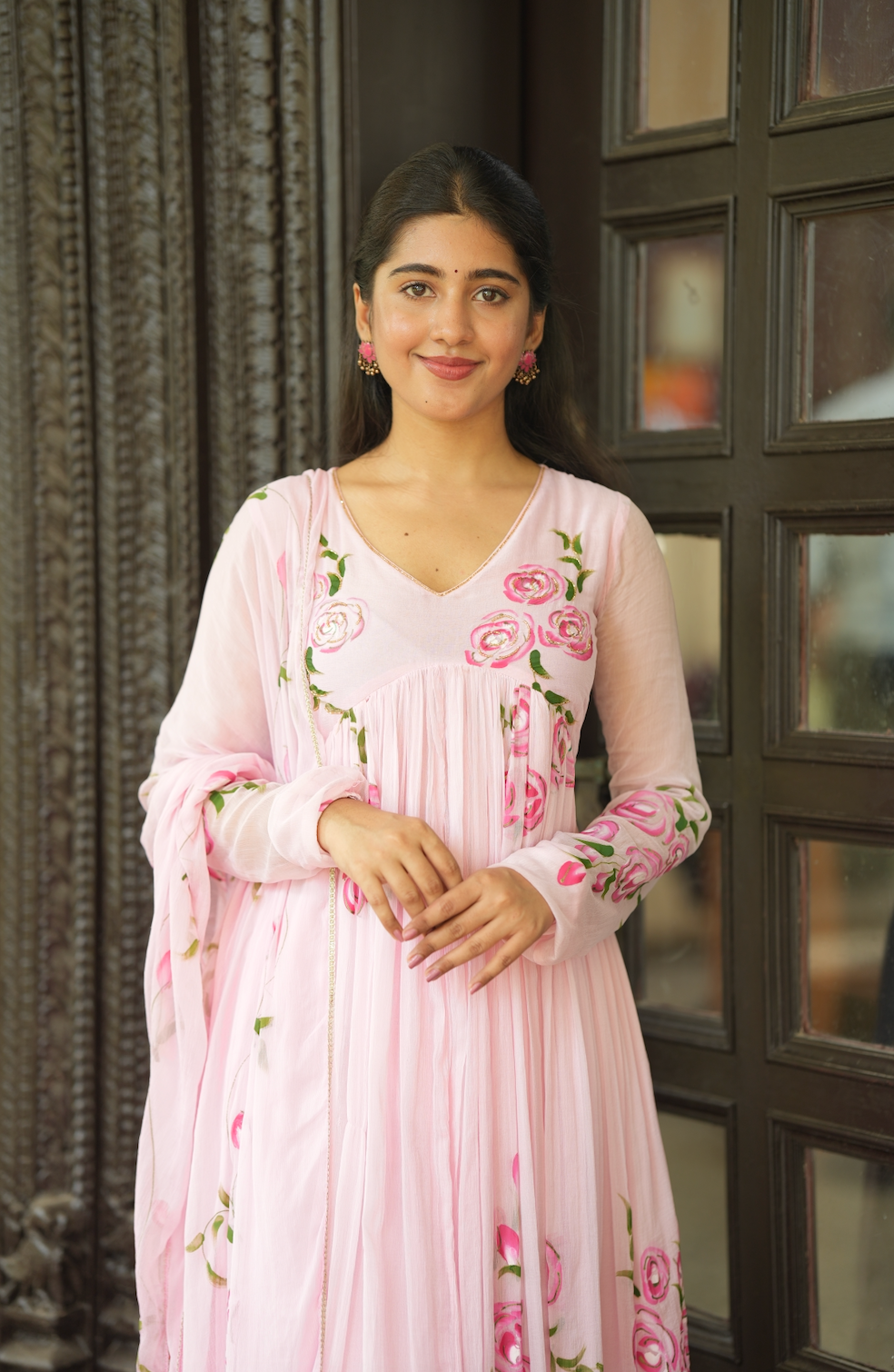 Tamara – Pink Hand-Painted Chiffon Alia-Cut Suit