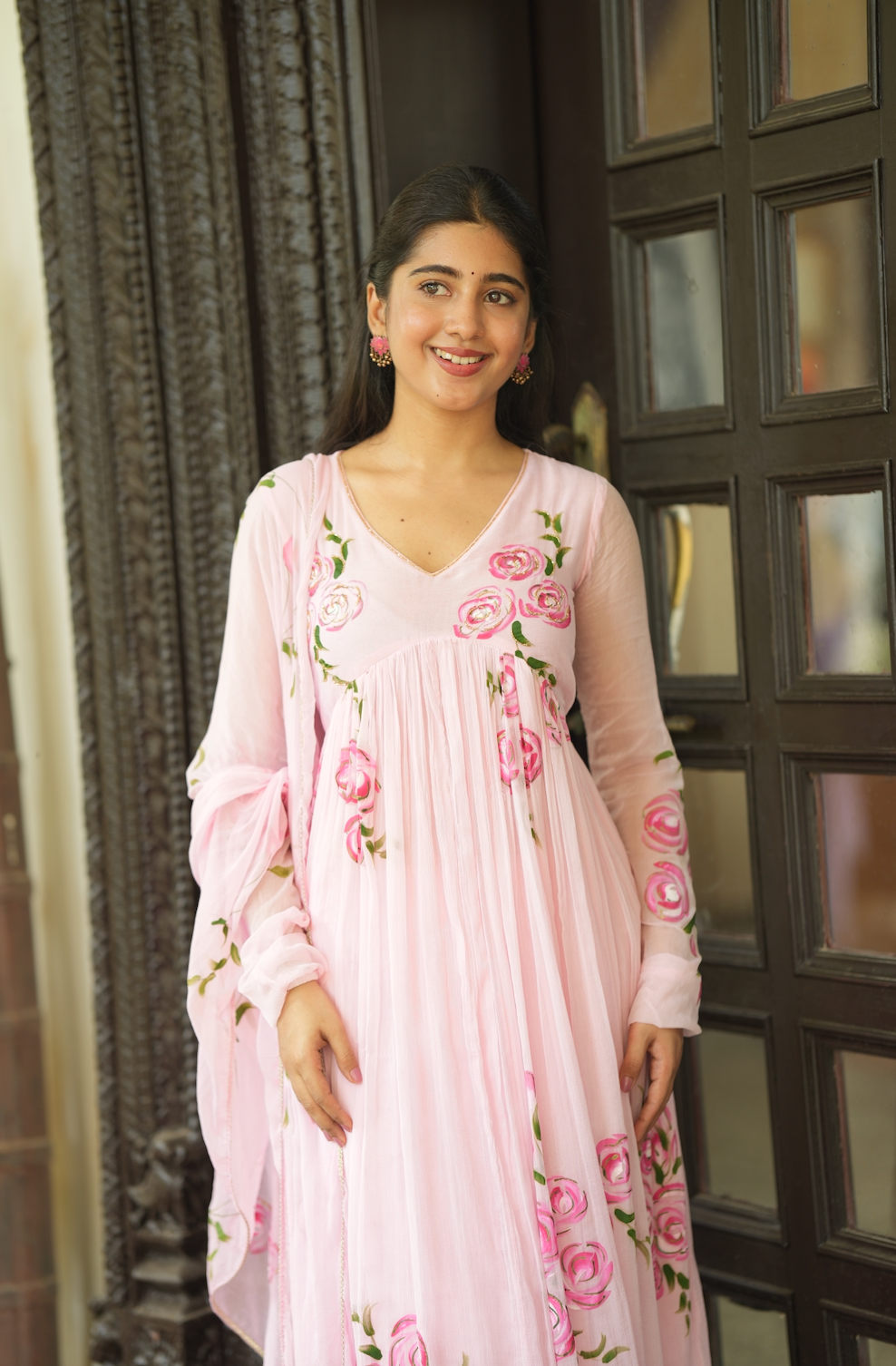 Tamara – Pink Hand-Painted Chiffon Alia-Cut Suit