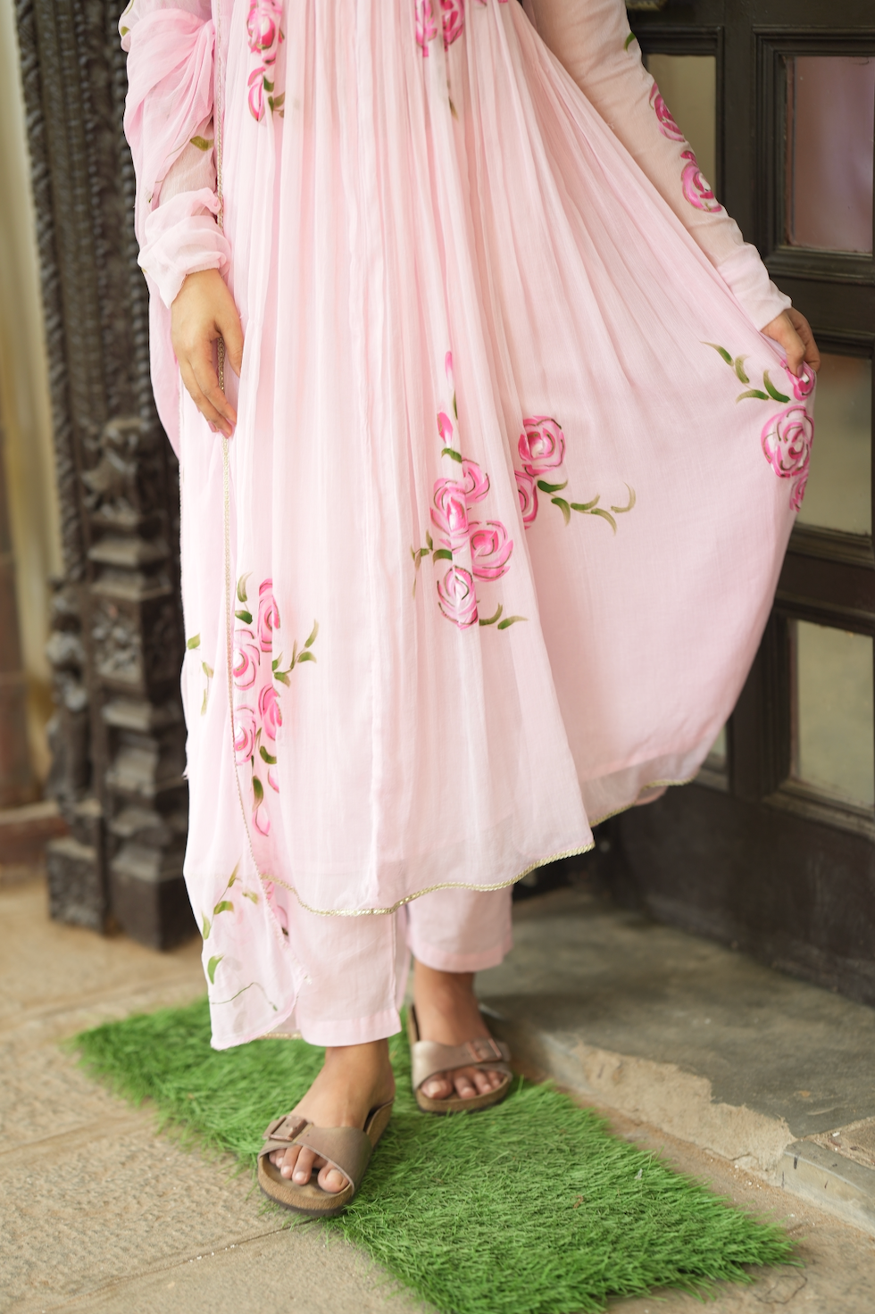 Tamara – Pink Hand-Painted Chiffon Alia-Cut Suit
