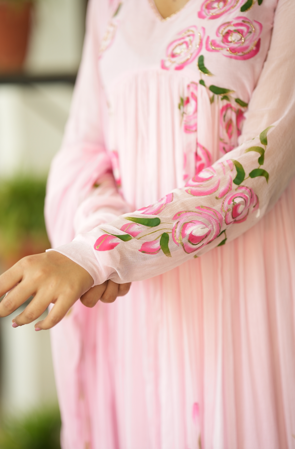 Tamara – Pink Hand-Painted Chiffon Alia-Cut Suit