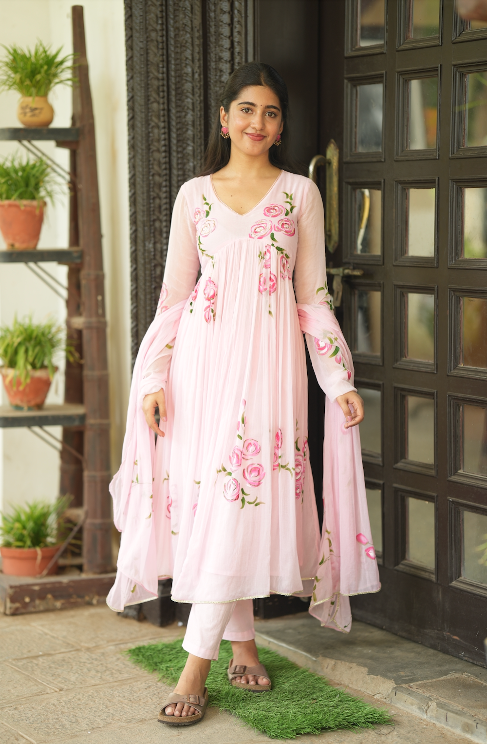 Tamara – Pink Hand-Painted Chiffon Alia-Cut Suit