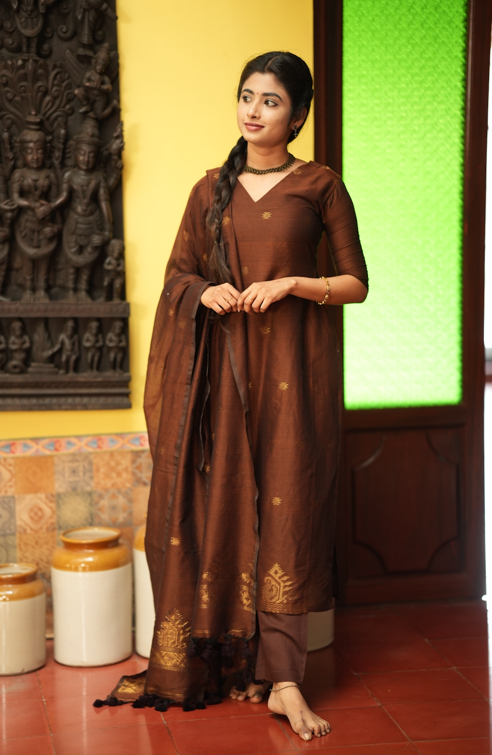 Mandakini(brown)-Jamdani linen suit