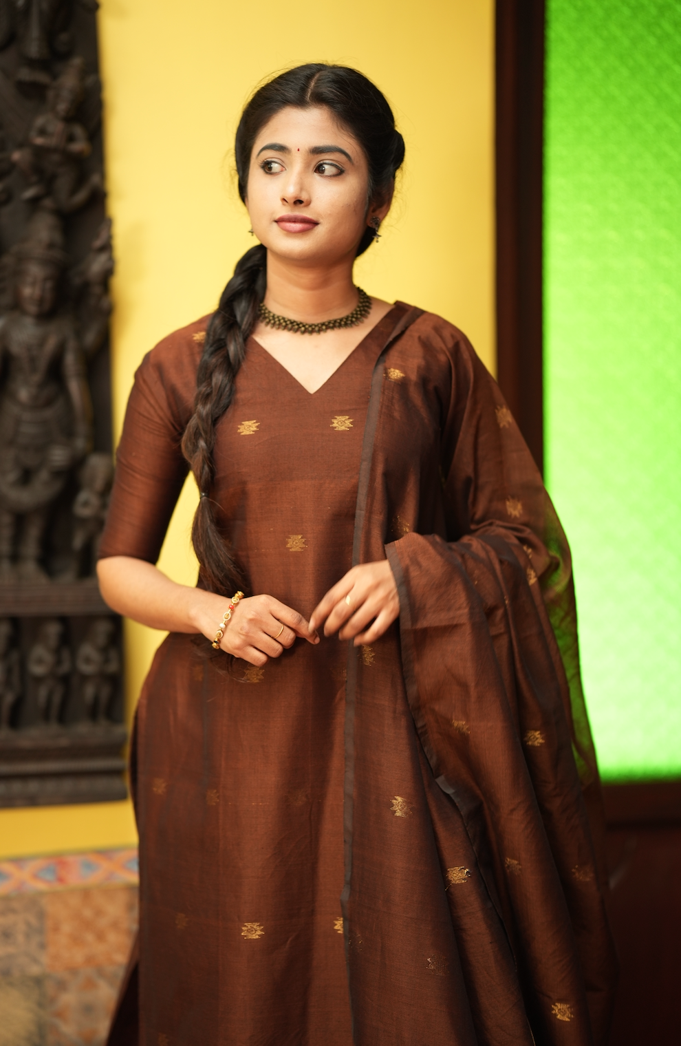 Mandakini(brown)-Jamdani linen suit