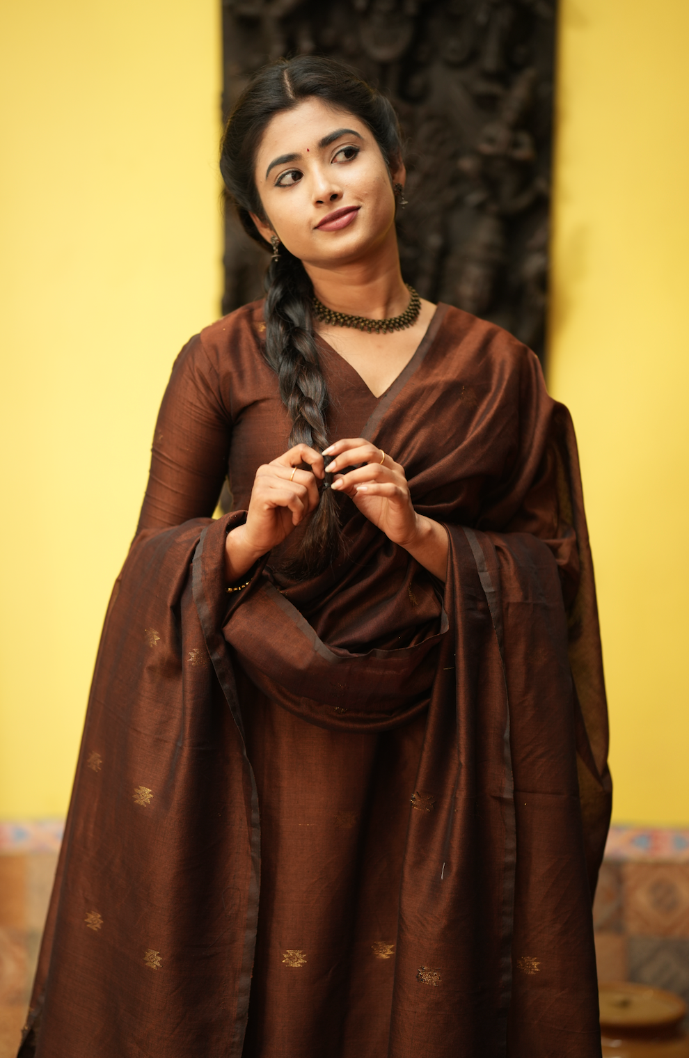 Mandakini(brown)-Jamdani linen suit