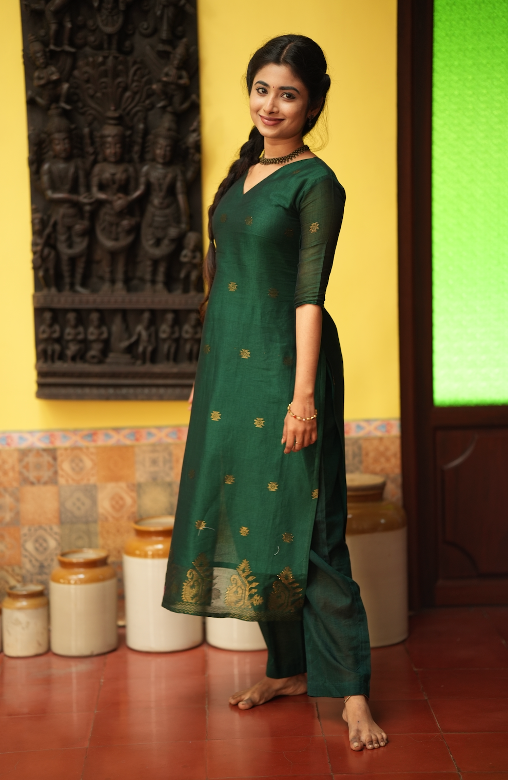 Mandakini(green)-Jamdani linen suit