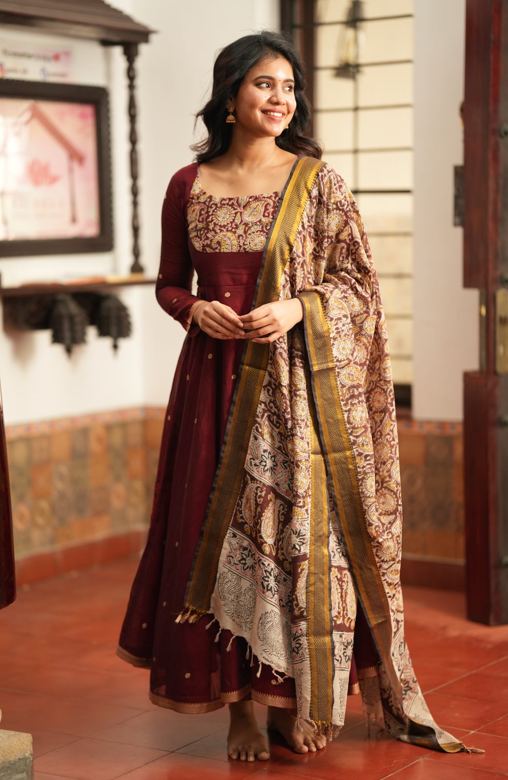 Maroon handloom Anarkali with Kalamkari yoke
