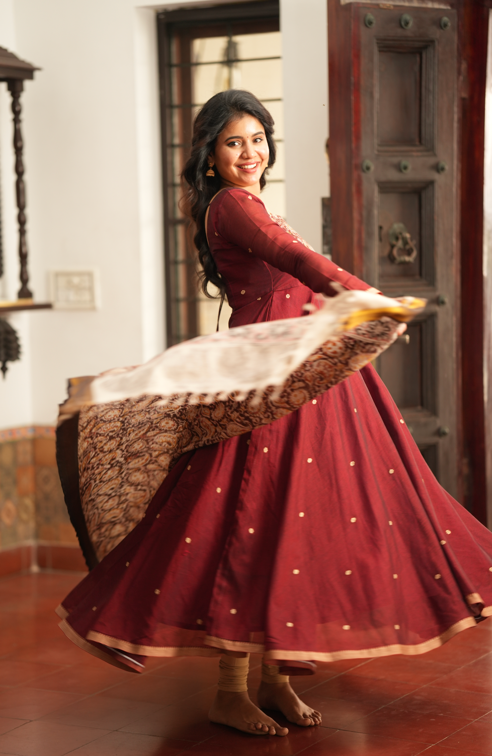 Maroon Narayanpet handloom Anarkali with Kalamkari dupatta