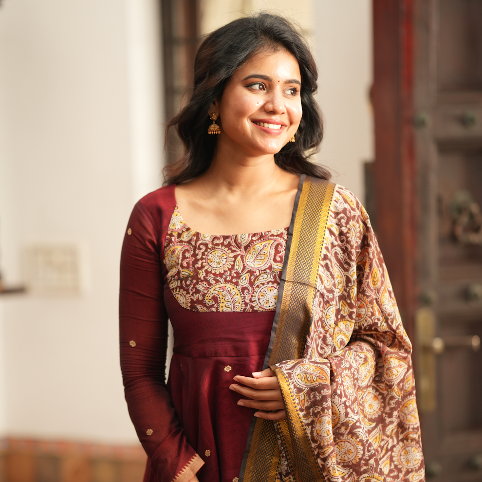 Tharika Maroon Narayanpet Kalamkari Fusion Anarkali Set