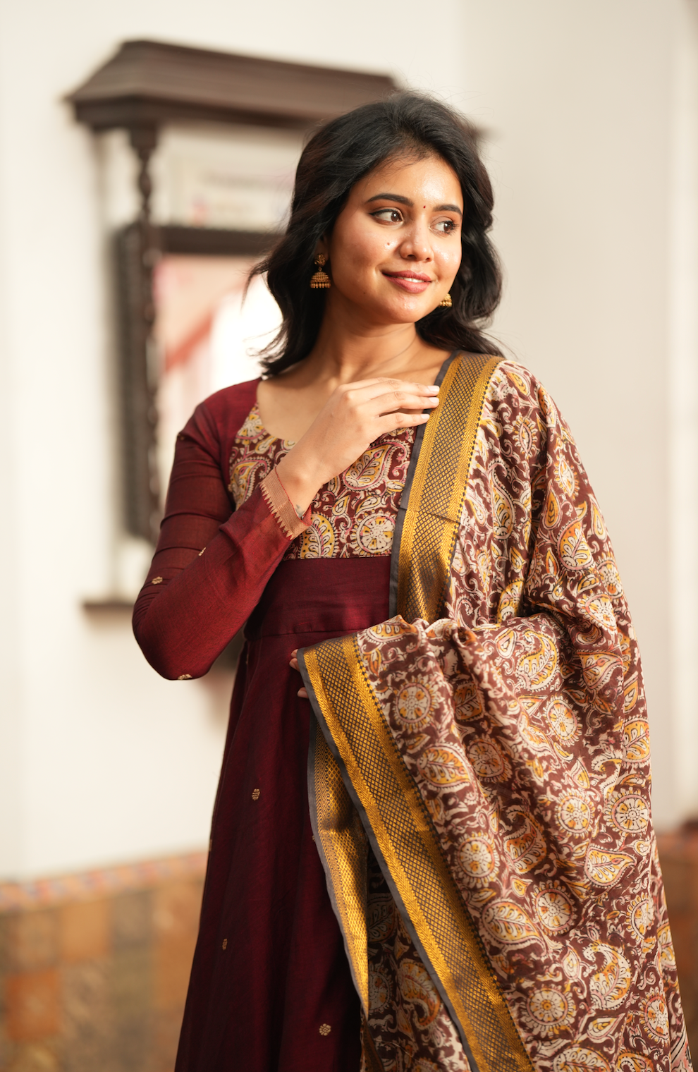 Pen Kalamkari dupatta with maroon Anarkali