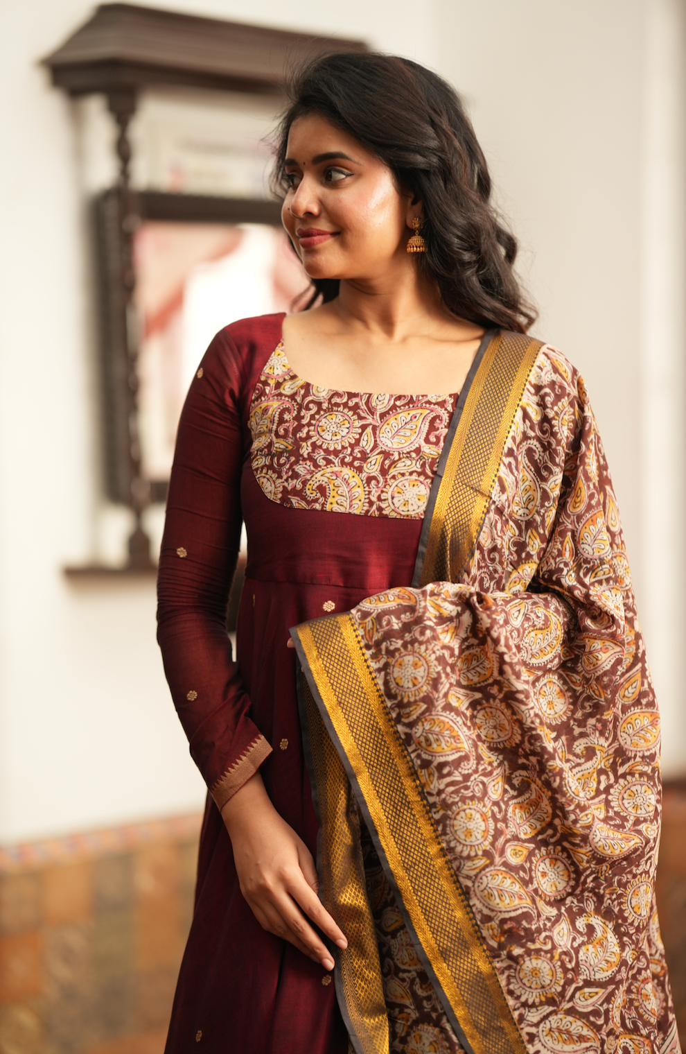 Tharika Maroon Narayanpet Kalamkari Fusion Anarkali Set