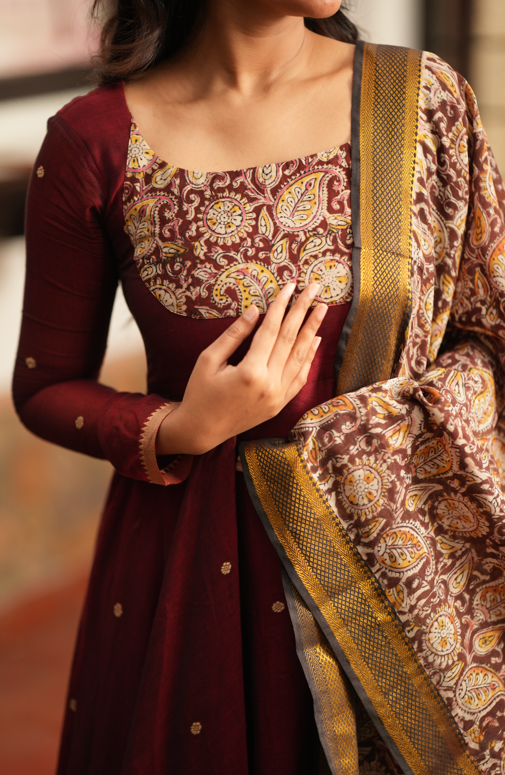 Tharika Kalamkari Anarkali temple border detail