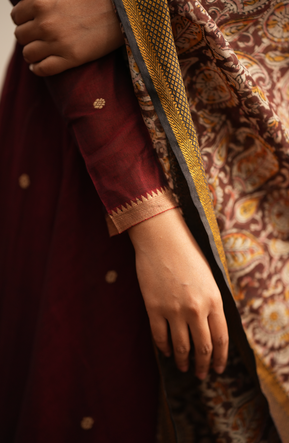 Tharika Maroon Narayanpet Kalamkari Fusion Anarkali Set