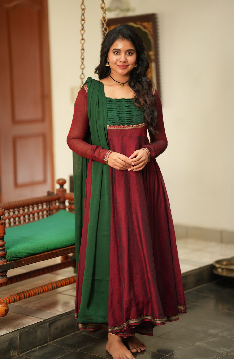 Bhama – Maroon Narayanpet Anarkali with Green Dupatta