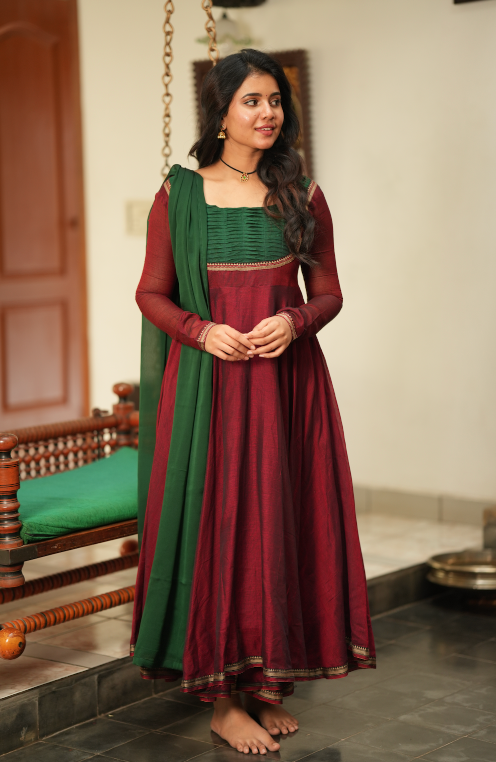Bhama – Maroon Narayanpet Anarkali with Green Dupatta