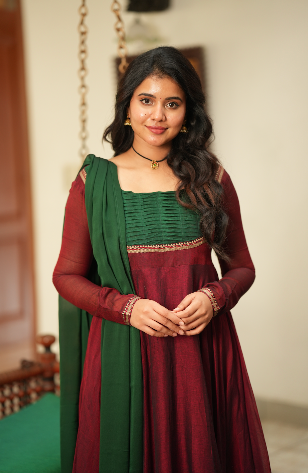 Bhama – Maroon Narayanpet Anarkali with Green Dupatta