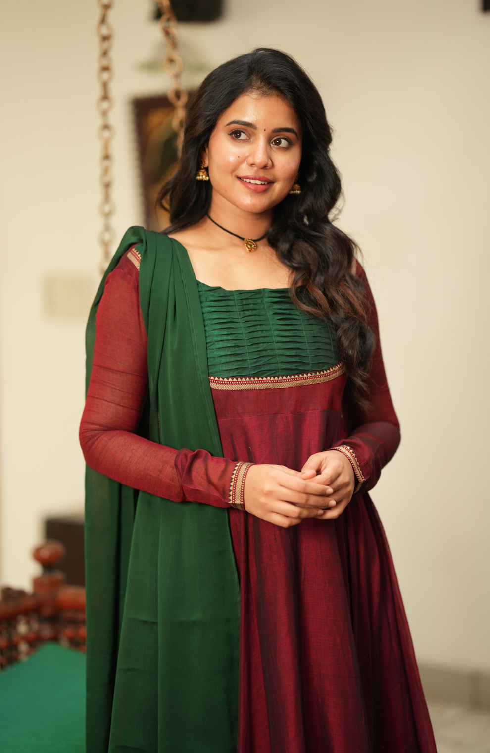 Bhama – Maroon Narayanpet Anarkali with Green Dupatta