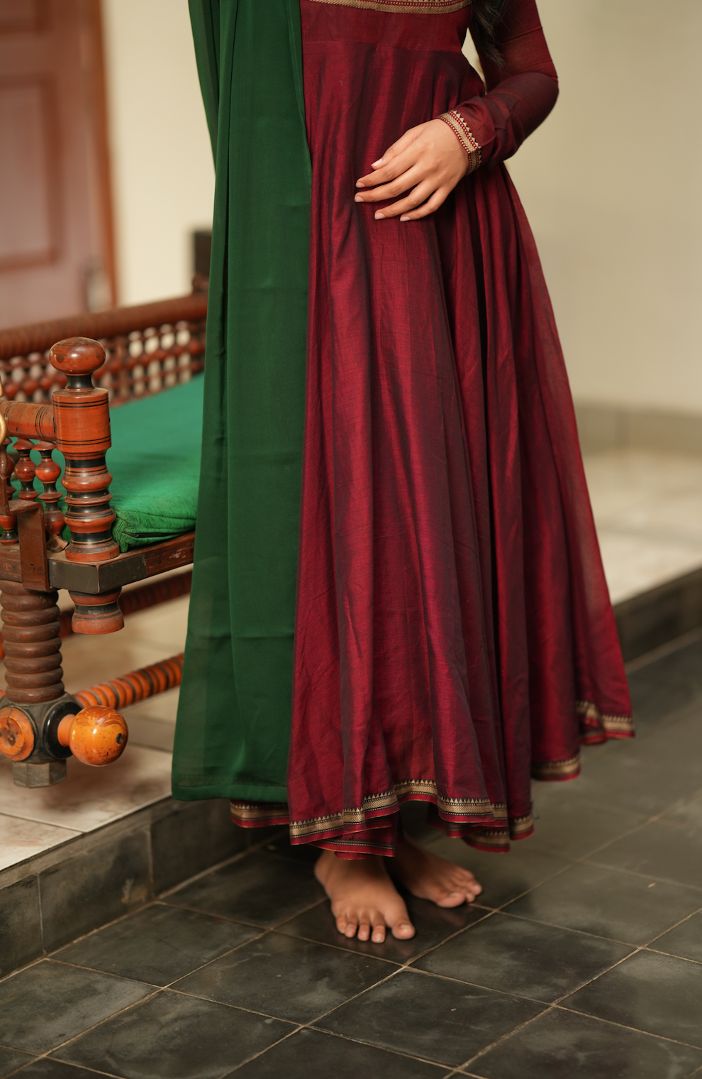 Bhama – Maroon Narayanpet Anarkali with Green Dupatta