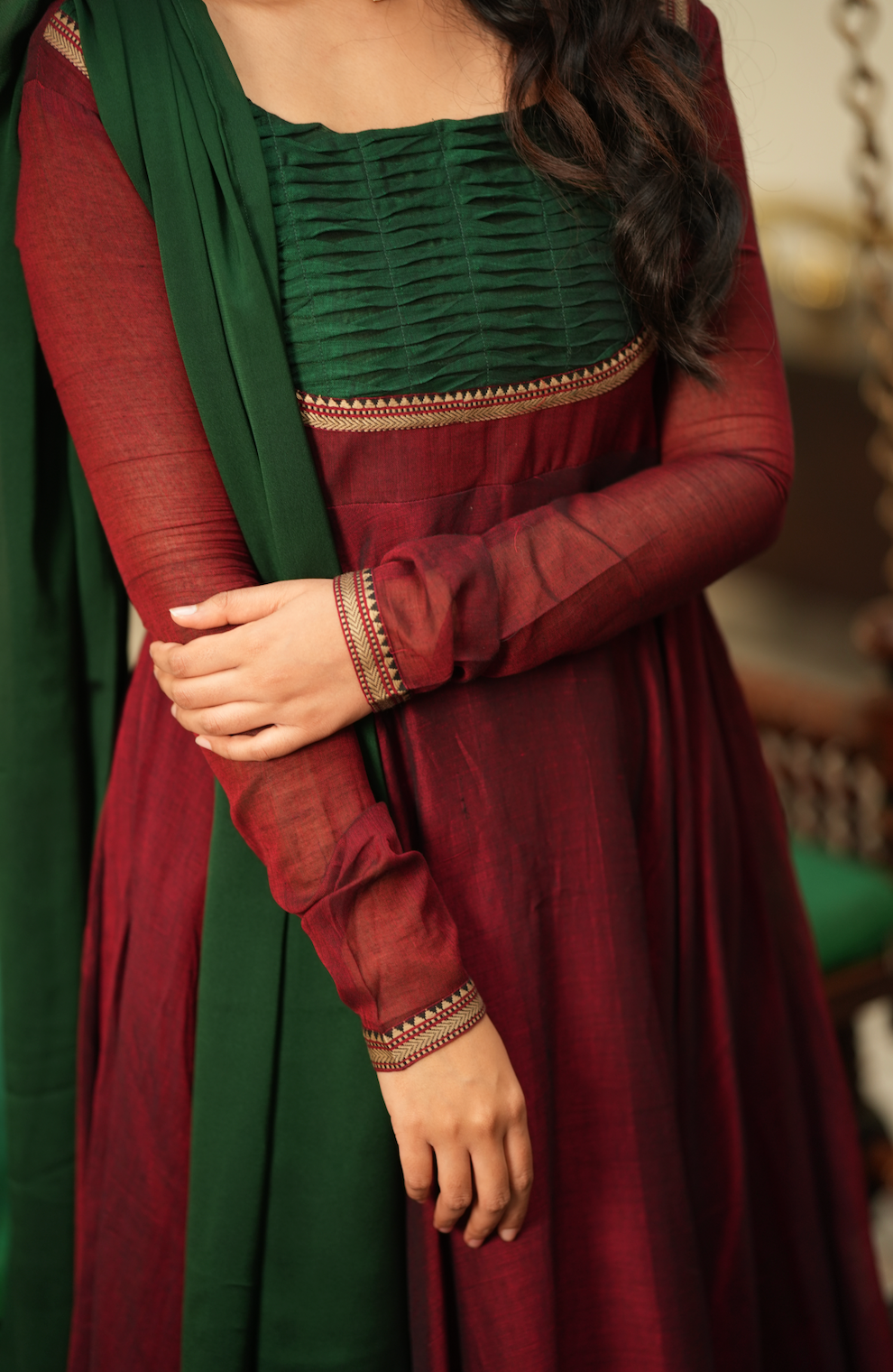 Bhama – Maroon Narayanpet Anarkali with Green Dupatta