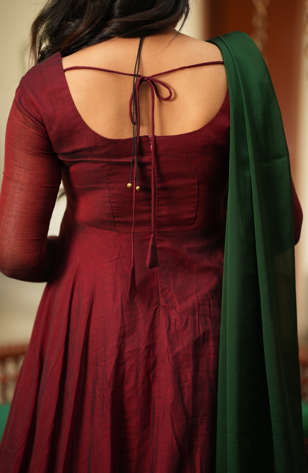 Bhama – Maroon Narayanpet Anarkali with Green Dupatta