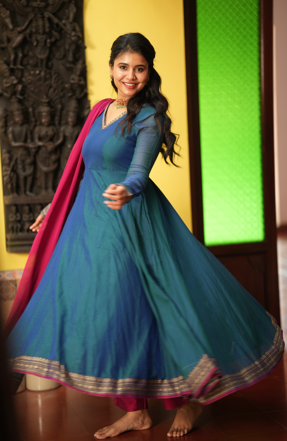 Rukmini – Blue Narayanpet Anarkali with Pink Dupatta