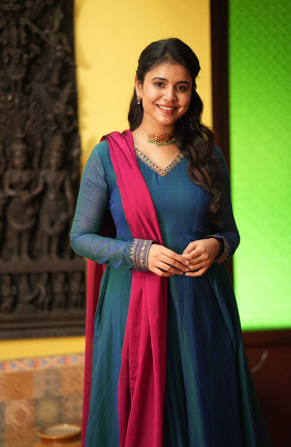 Rukmini – Blue Narayanpet Anarkali with Pink Dupatta