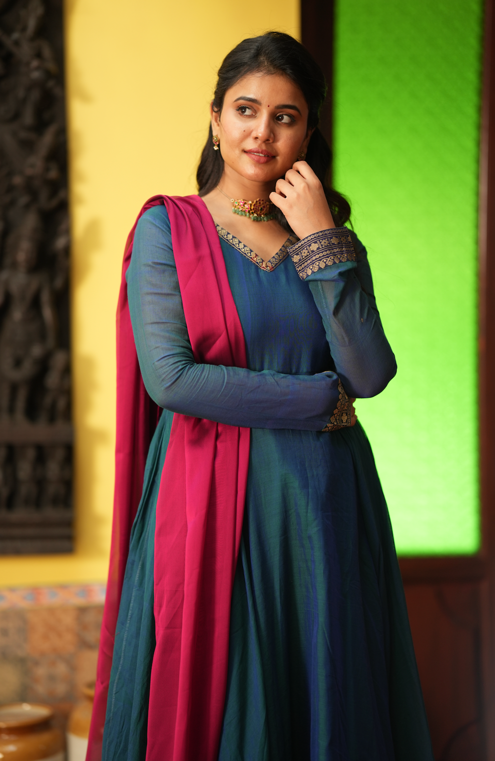 Rukmini – Blue Narayanpet Anarkali with Pink Dupatta
