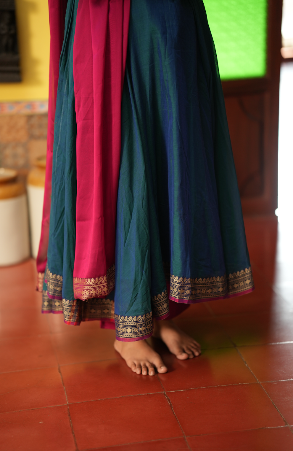 Rukmini – Blue Narayanpet Anarkali with Pink Dupatta