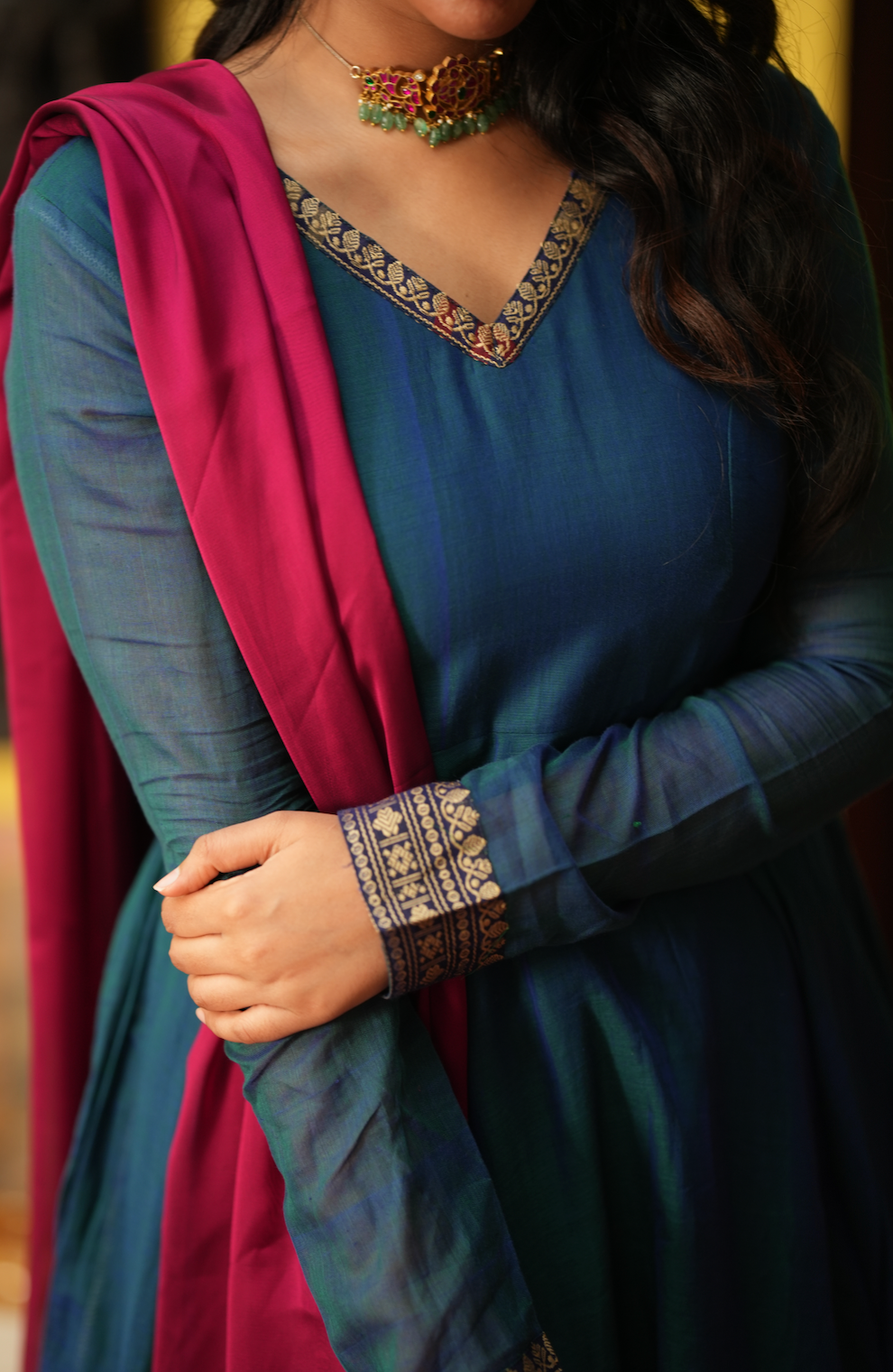 Rukmini – Blue Narayanpet Anarkali with Pink Dupatta