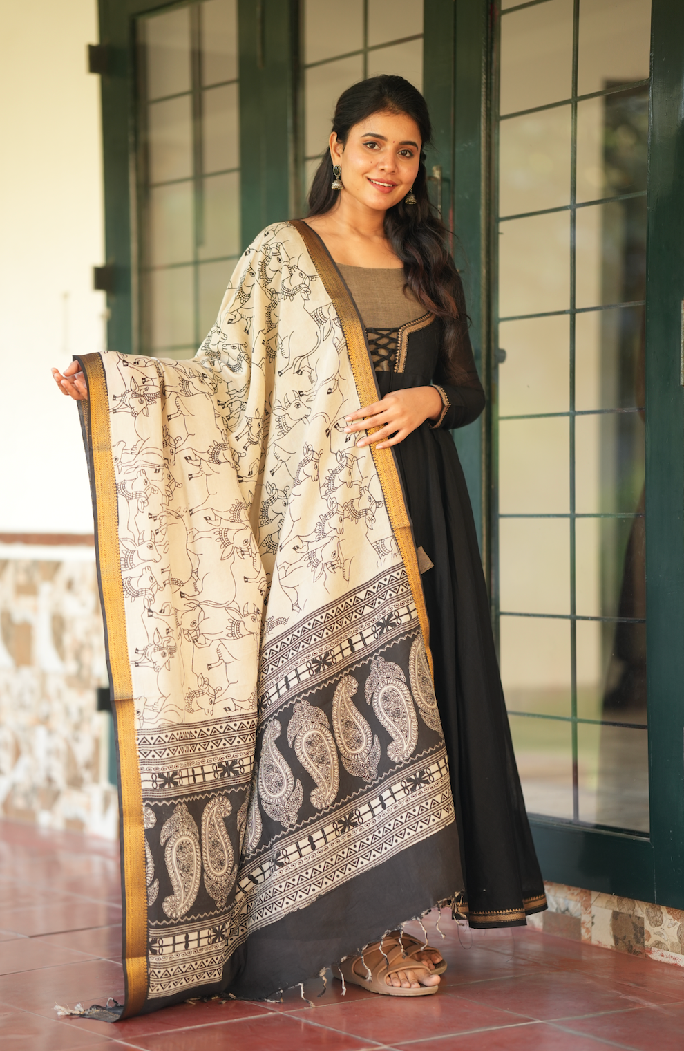 Bhama – Black Narayanpet Pen Kalamkari Overcoat Anarkali Set