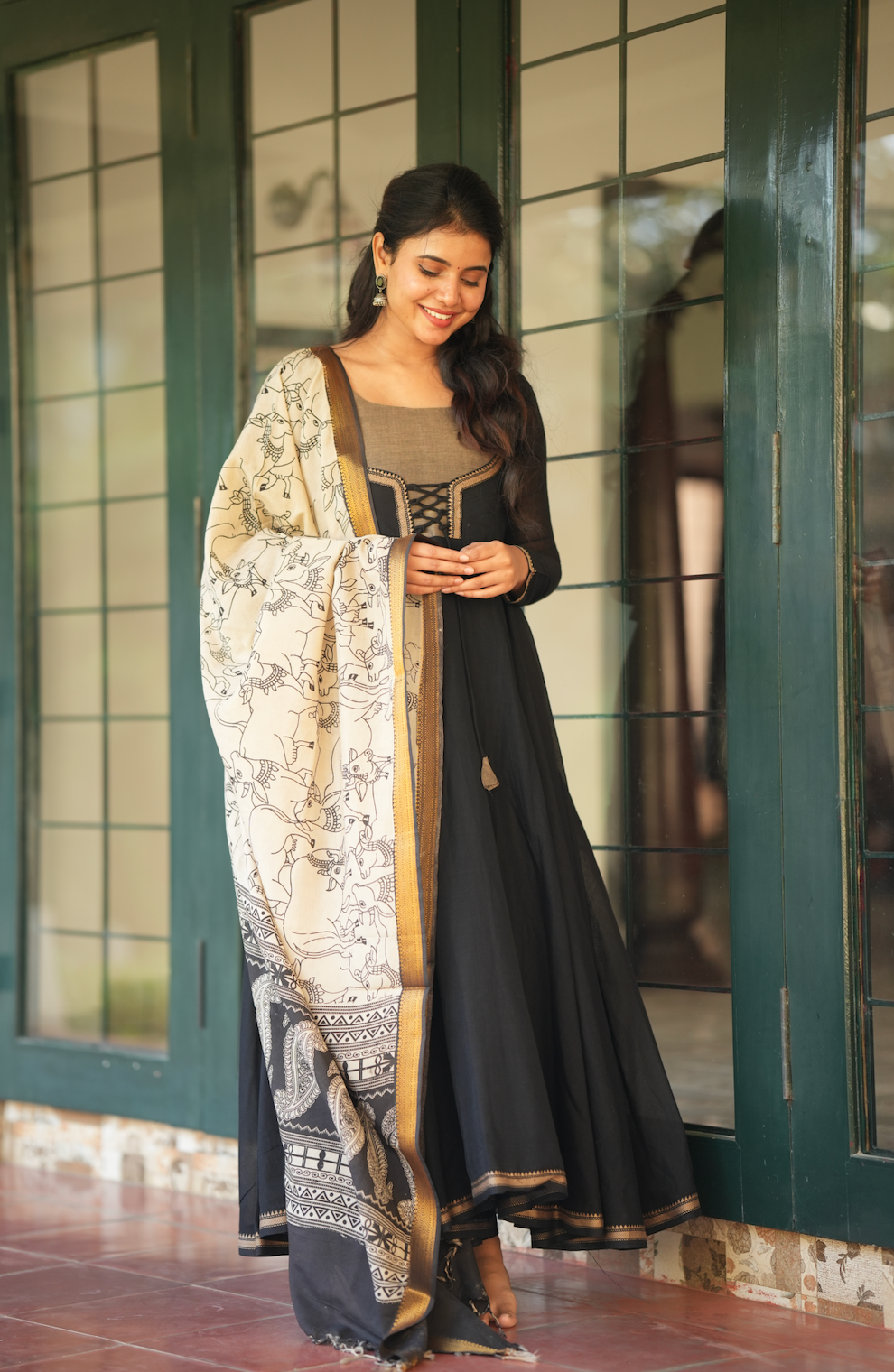 Bhama – Black Narayanpet Pen Kalamkari Overcoat Anarkali Set