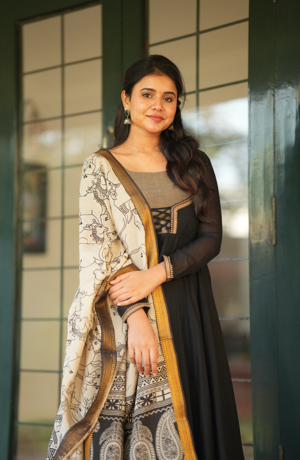 Bhama – Black Narayanpet Pen Kalamkari Overcoat Anarkali Set