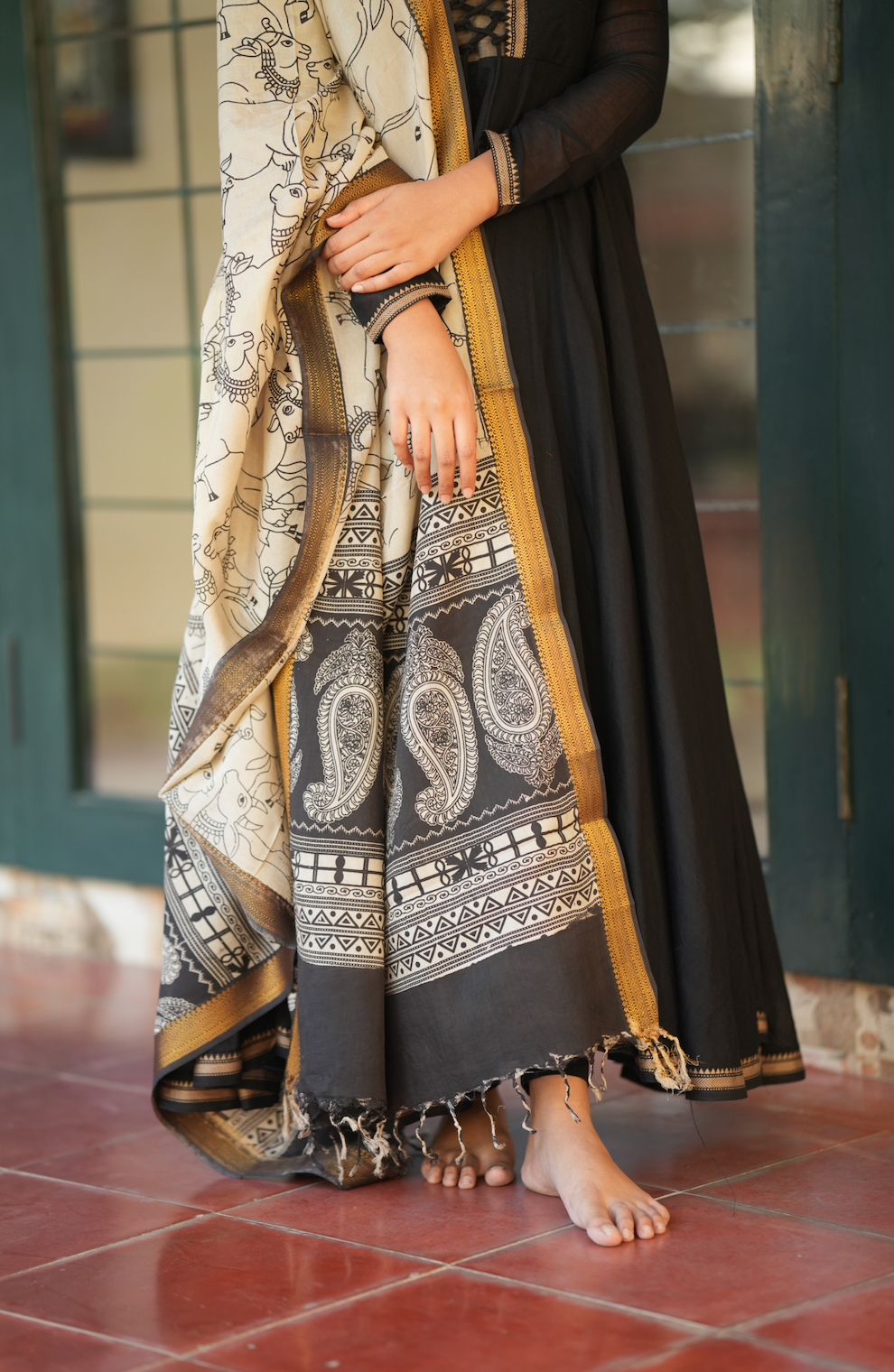 Bhama – Black Narayanpet Pen Kalamkari Overcoat Anarkali Set