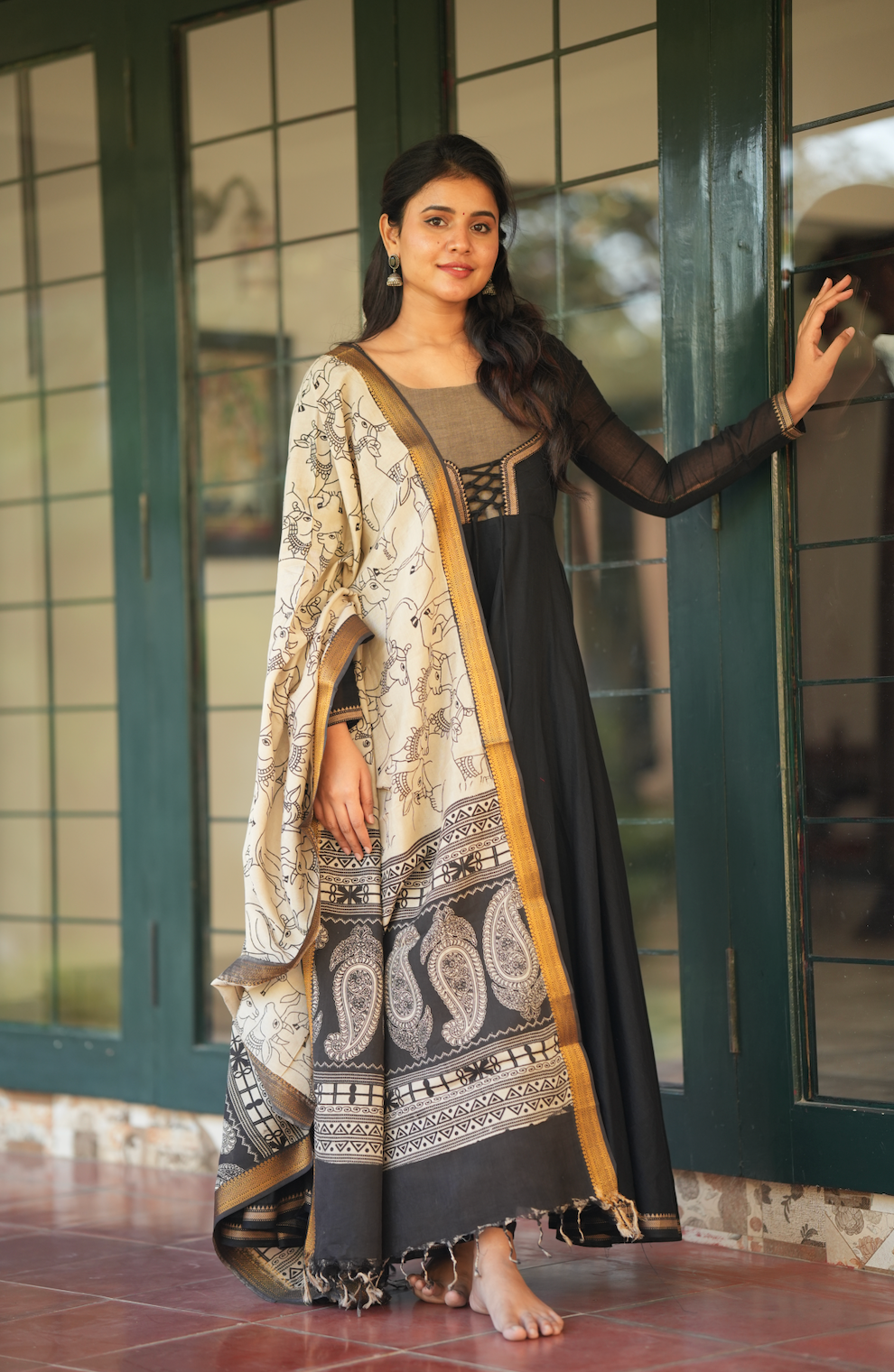Bhama – Black Narayanpet Pen Kalamkari Overcoat Anarkali Set