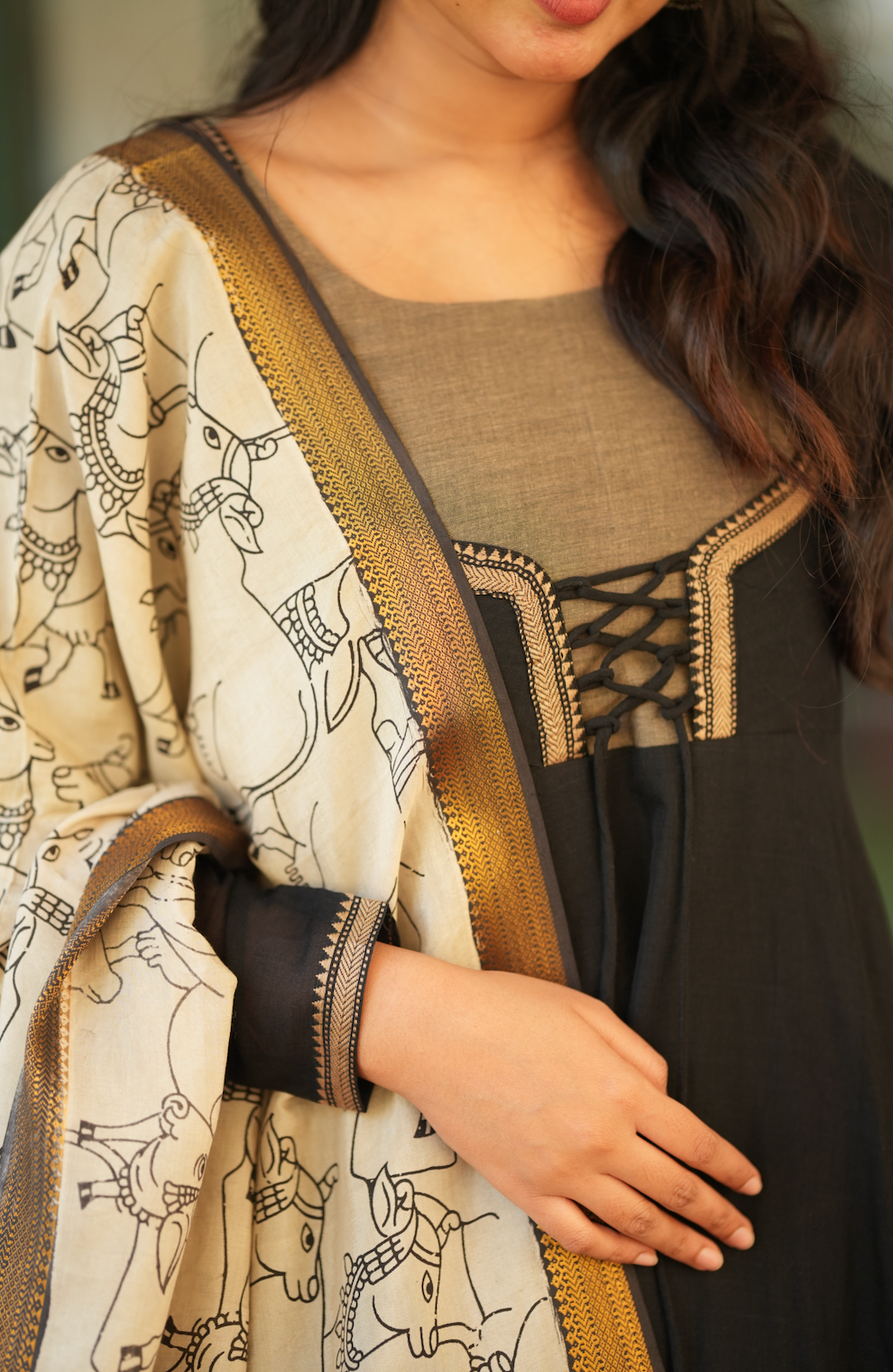 Bhama – Black Narayanpet Pen Kalamkari Overcoat Anarkali Set
