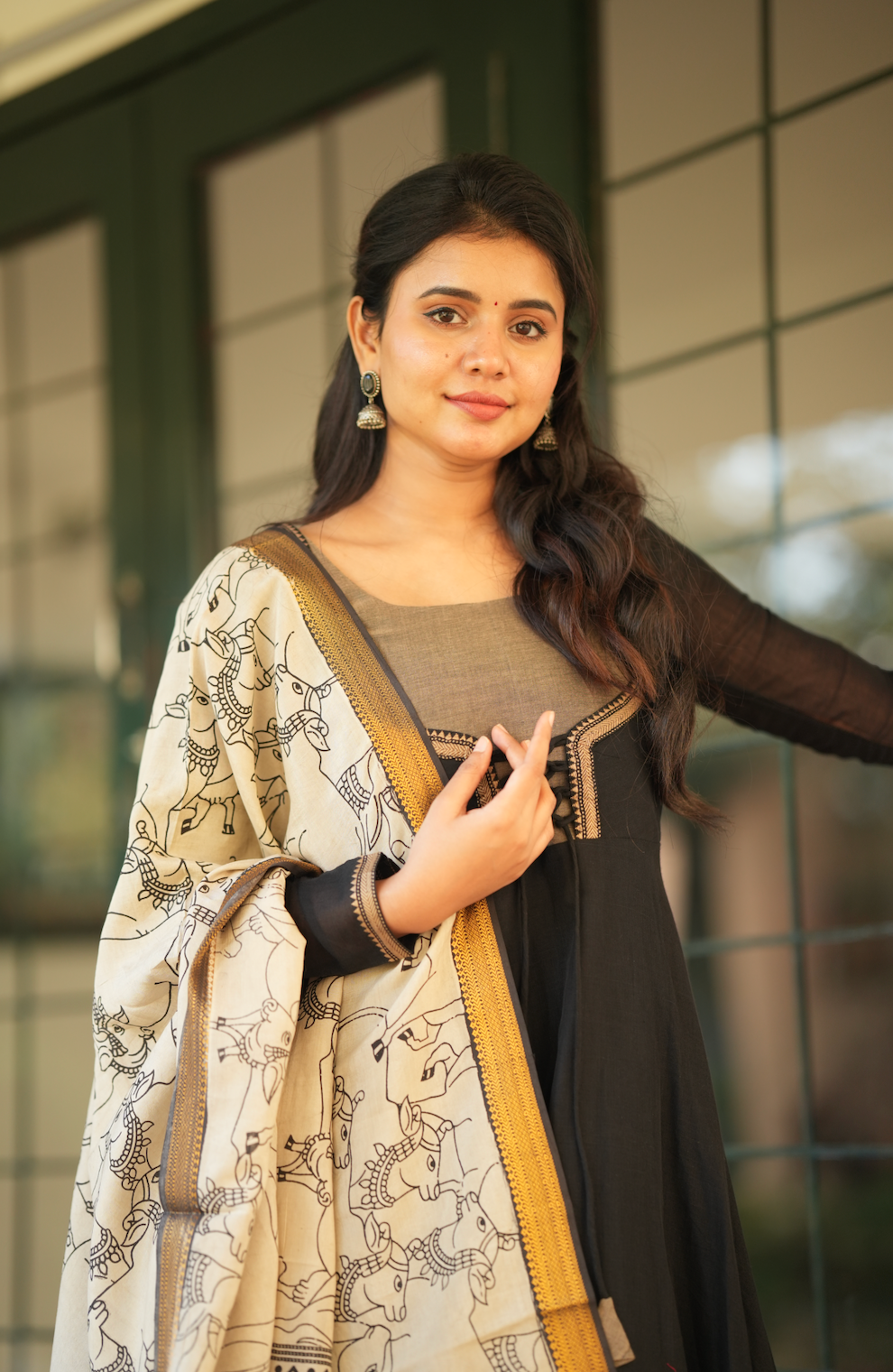 Bhama – Black Narayanpet Pen Kalamkari Overcoat Anarkali Set