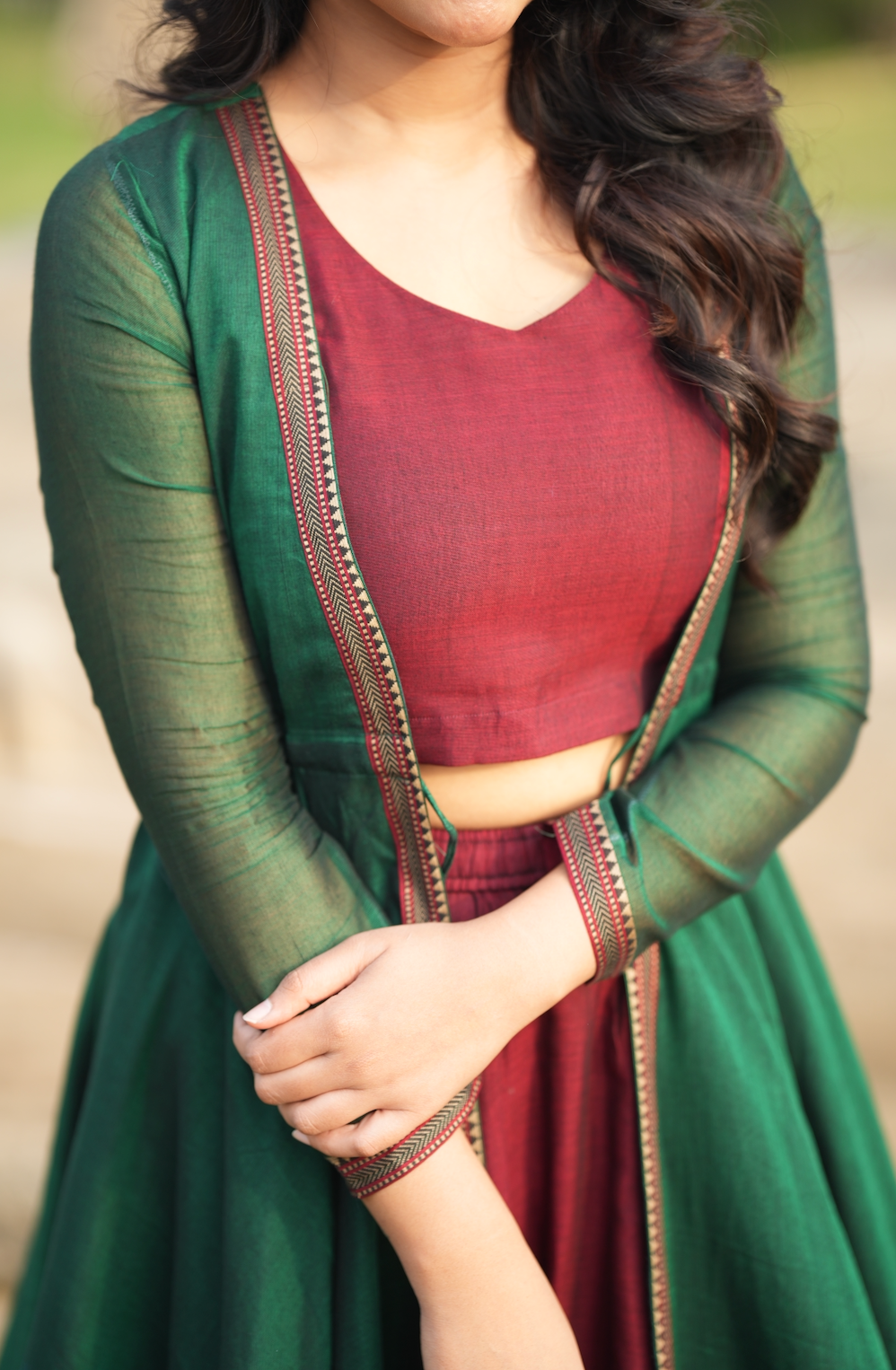 Bhama – Narayanpet Handloom Skirt, Crop Top & Shrug Set