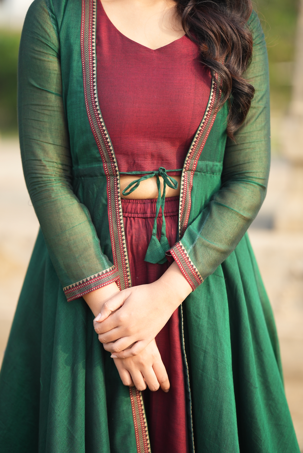 Bhama – Narayanpet Handloom Skirt, Crop Top & Shrug Set